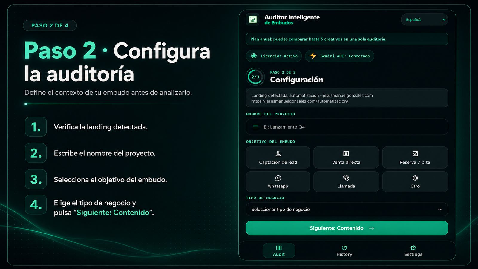 Paso 2: configurar auditoría, objetivo del embudo y tipo de negocio